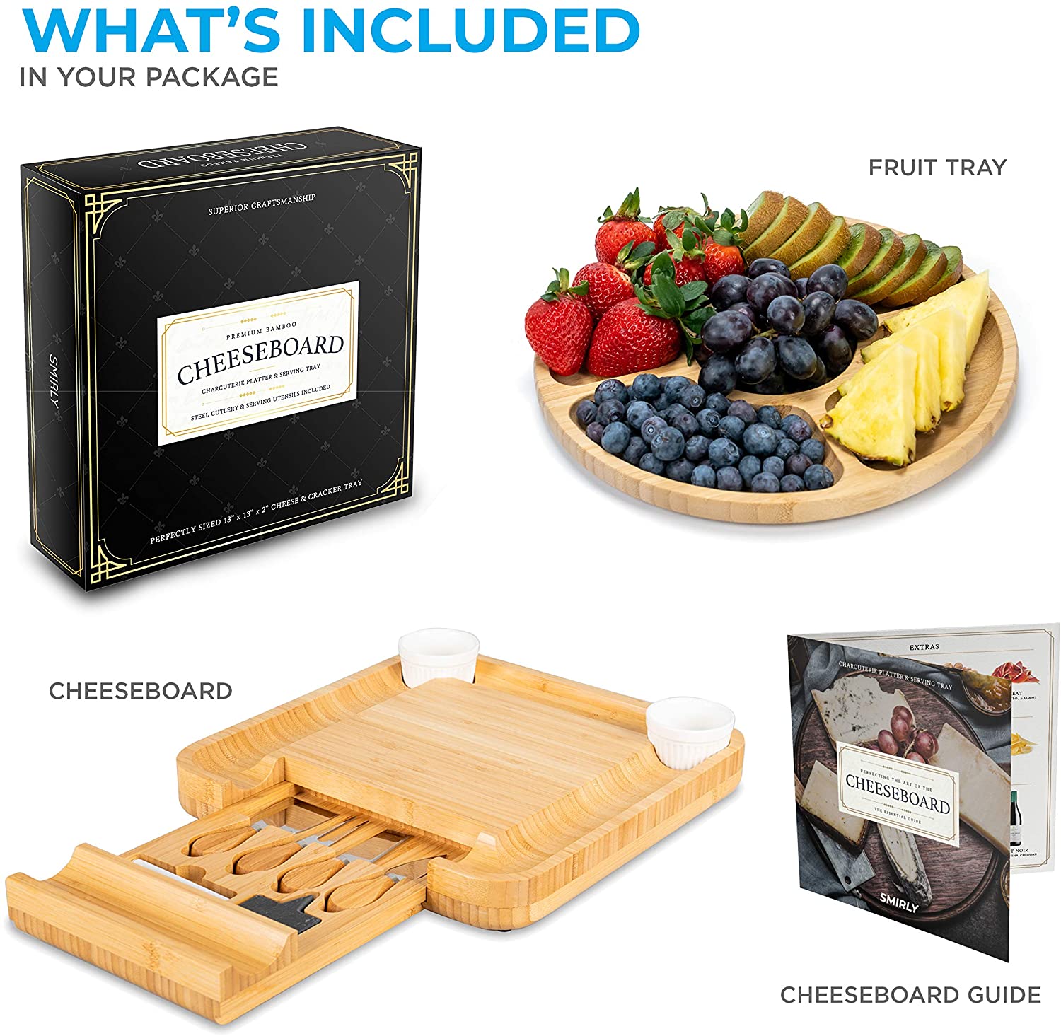 Smirly Cheese Board and Knife Set: 13 x 13 x 2 Inch Wood Charcuterie Platter for Wine， Cheese， Meat