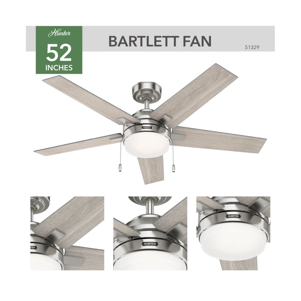 Hunter Barlett Ceiling Fan 52 Brushed Nickel Light Gray Oak