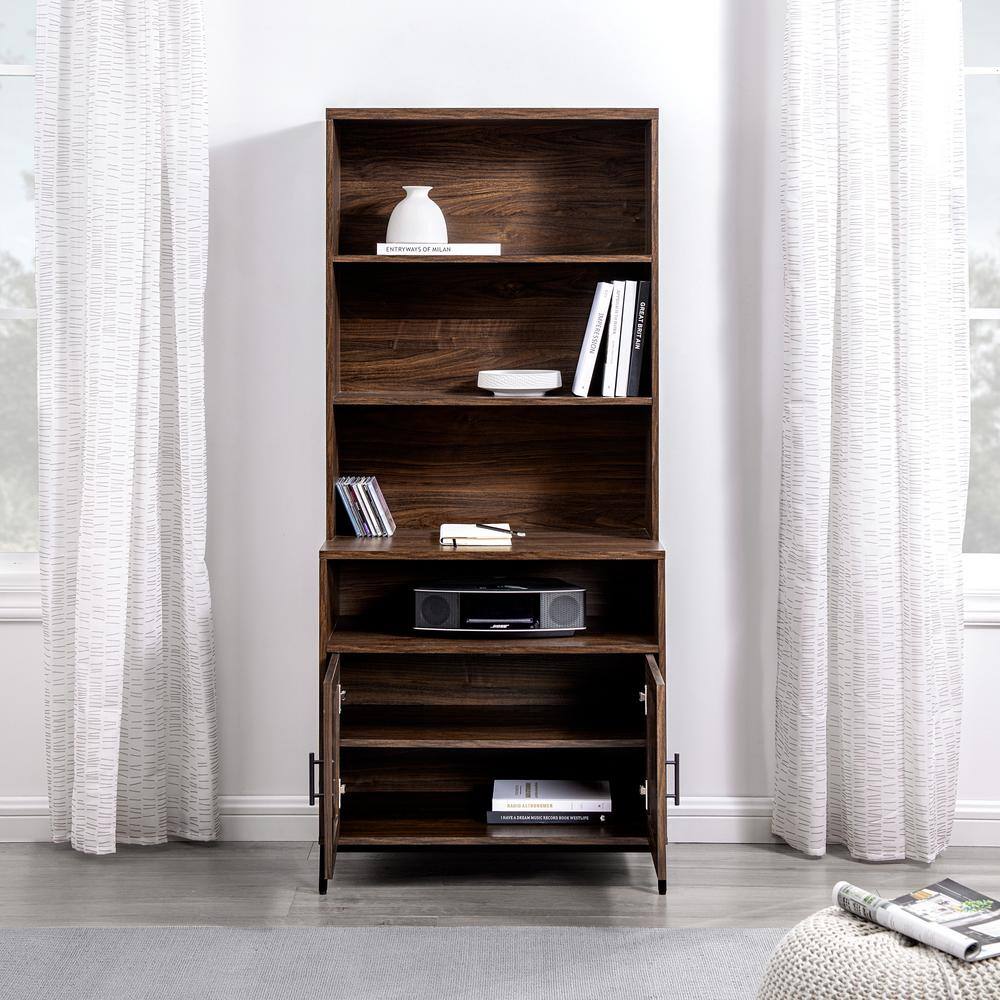 Welwick Designs 64 in. Dark Walnut Wood Modern Bookcase Hutch with Cabinet HD9201