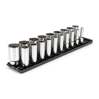 TEKTON 12 in. Drive Deep 12-Point Socket Set with Rails (38 in.-1-12 in.) (19-Piece) SHD92127