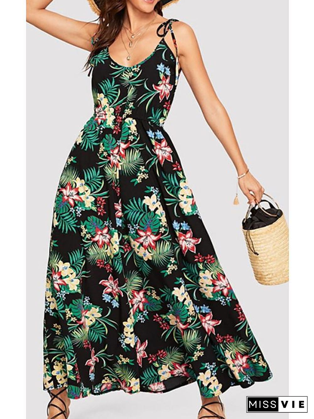 Women's Strap Dress Maxi long Dress Sleeveless Floral Print Spring Summer Casual Green S M L XL Black Dresses