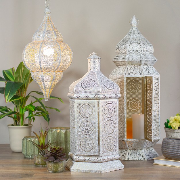 White And Gold Moroccan Style Floor Pillar Candle Lantern