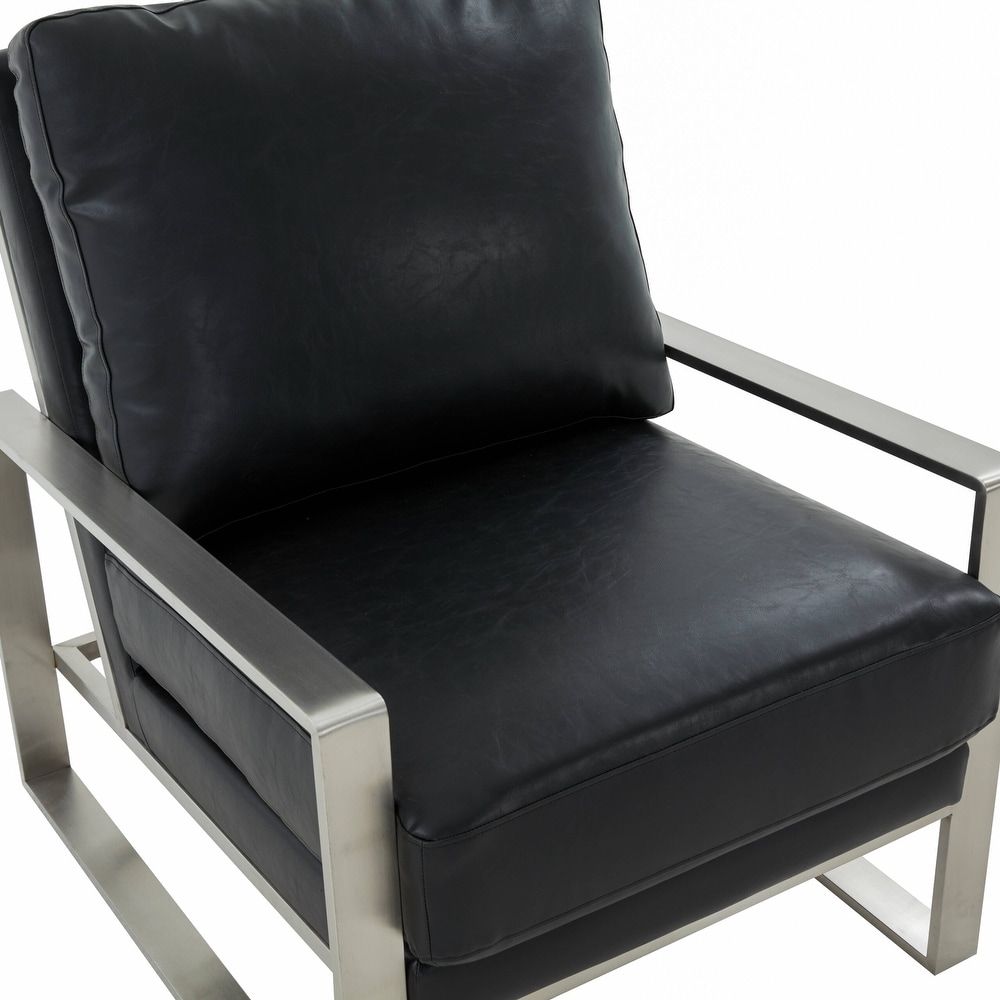 LeisureMod Jefferson Leather Arm Chairs with Silver Frame and Coffee Table with Geometric Base   36\