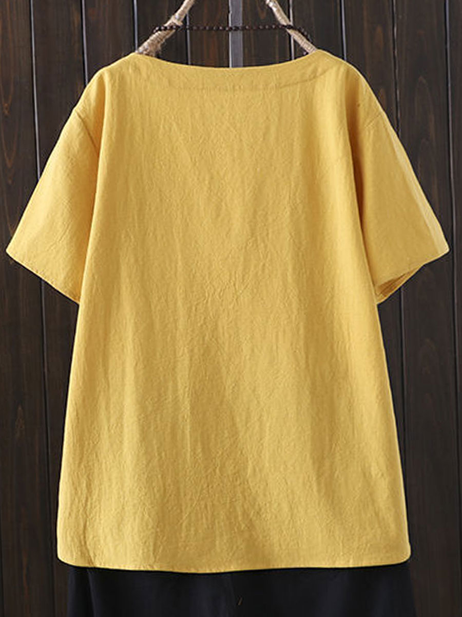 Cotton And Linen Solid Color Short-sleeved Blouse