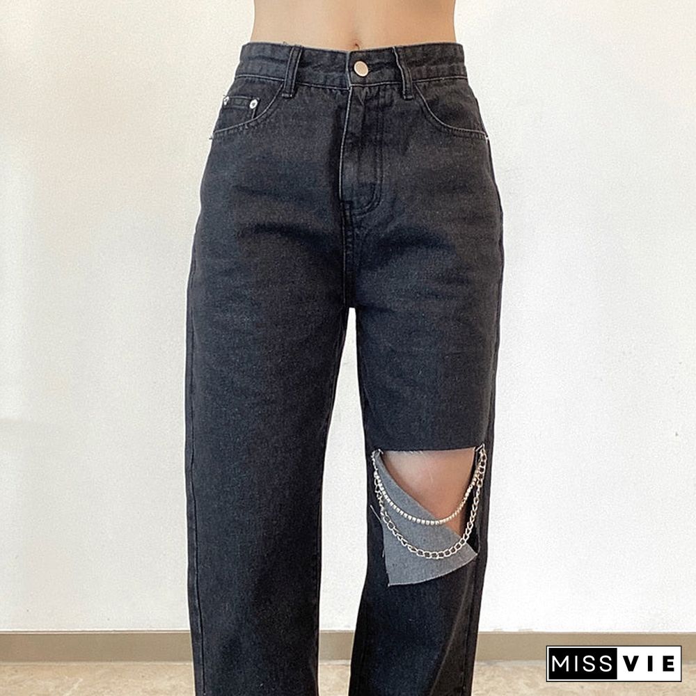 Weekeep Vintage Gothic Cut Out Holes Chain Straight Jeans Women Split High Waist Long Denim Pants Summer Casual Streetwear