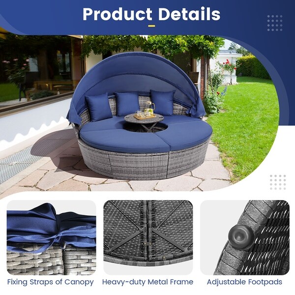 Gymax Outdoor Round Daybed w/ Retractable Canopy and Side Table Backyard