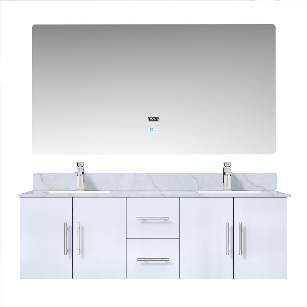 Geneva 60 in. W x 22 in. D Dark Grey Double Bath Vanity  Carrara Marble Top  Faucet Set  and 60 in. LED Mirror