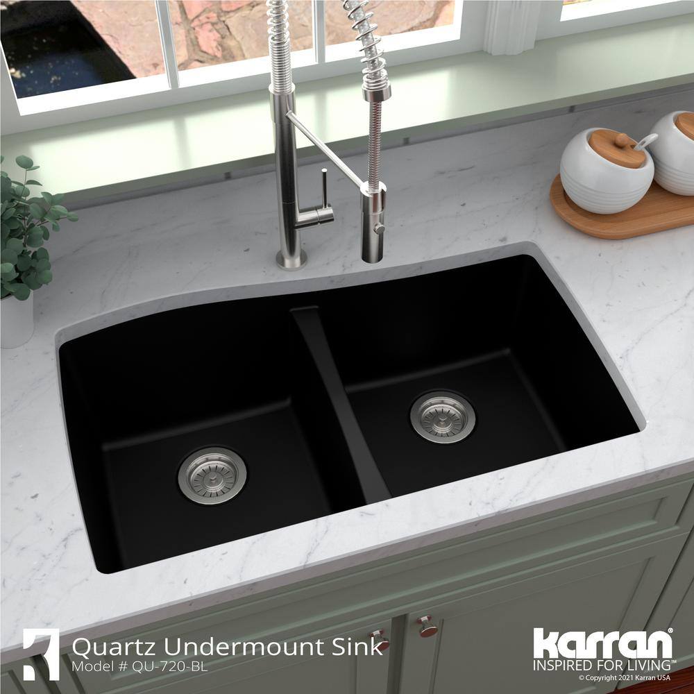 Karran Undermount Quartz Composite 33 in. 5050 Double Bowl Kitchen Sink in Black QU-720-BL