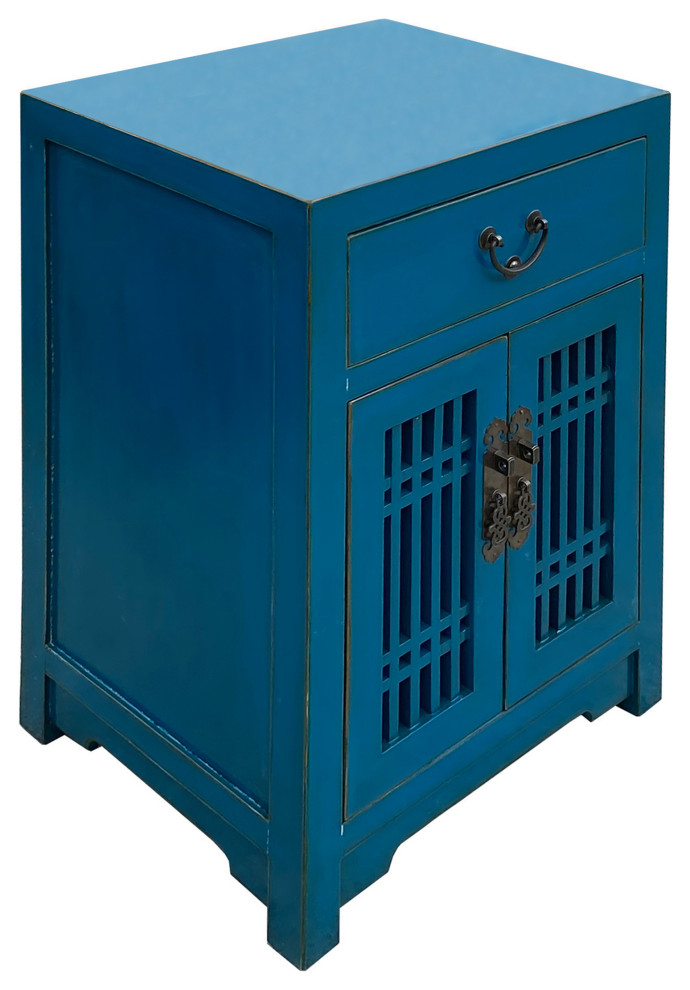 Distressed Bright Bice Blue Shutter Doors End Table Nightstand Hcs7495   Asian   Side Tables And End Tables   by Golden Lotus Antiques  Houzz