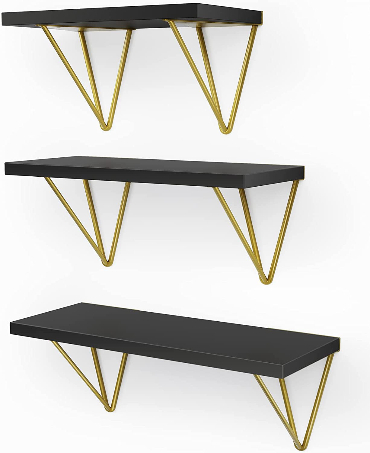 Set of 3 Modern Style Wall Mounted Floating Shelves for Decor, Storage Shelving with Triangle Brackets, Display Shelves for Living Room, Dining Room, Office, Bedroom, Black