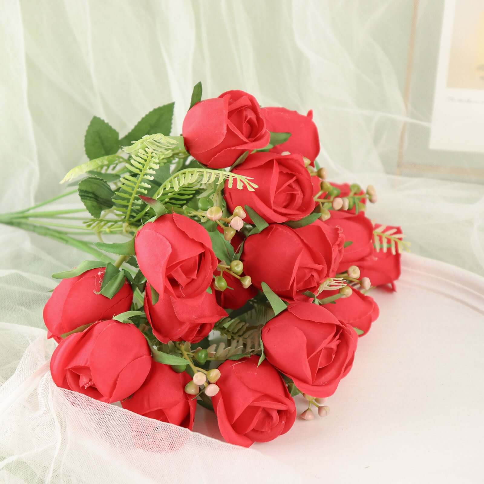 3 Pack Red Real Touch Artificial Rose Bud Flower Bridal Bouquets, Silk Floral Bush Arrangements 13