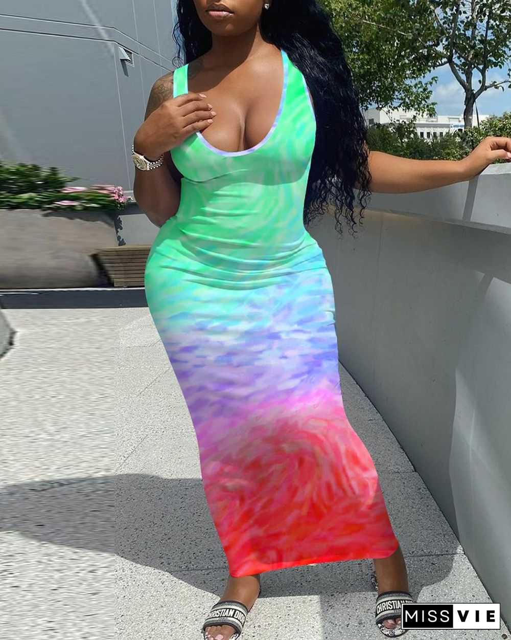 Tie Dye Print U-Neck Sleeveless Maxi Dress