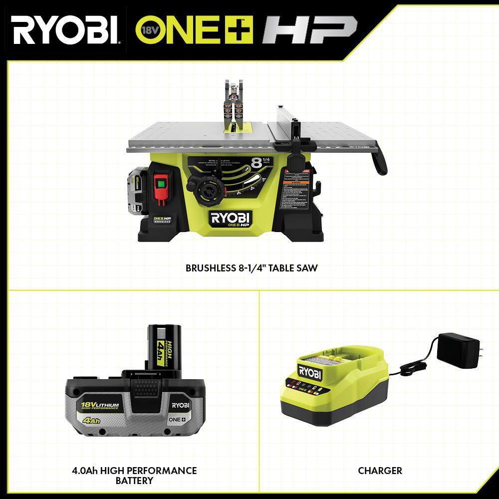 RYOBI ONE+ HP 18V Brushless Cordless 2-Tool Combo Kit with Table Saw Miter Saw (2) 4.0 Ah Batteries and Charger PBLTS01K-PBLMS01B