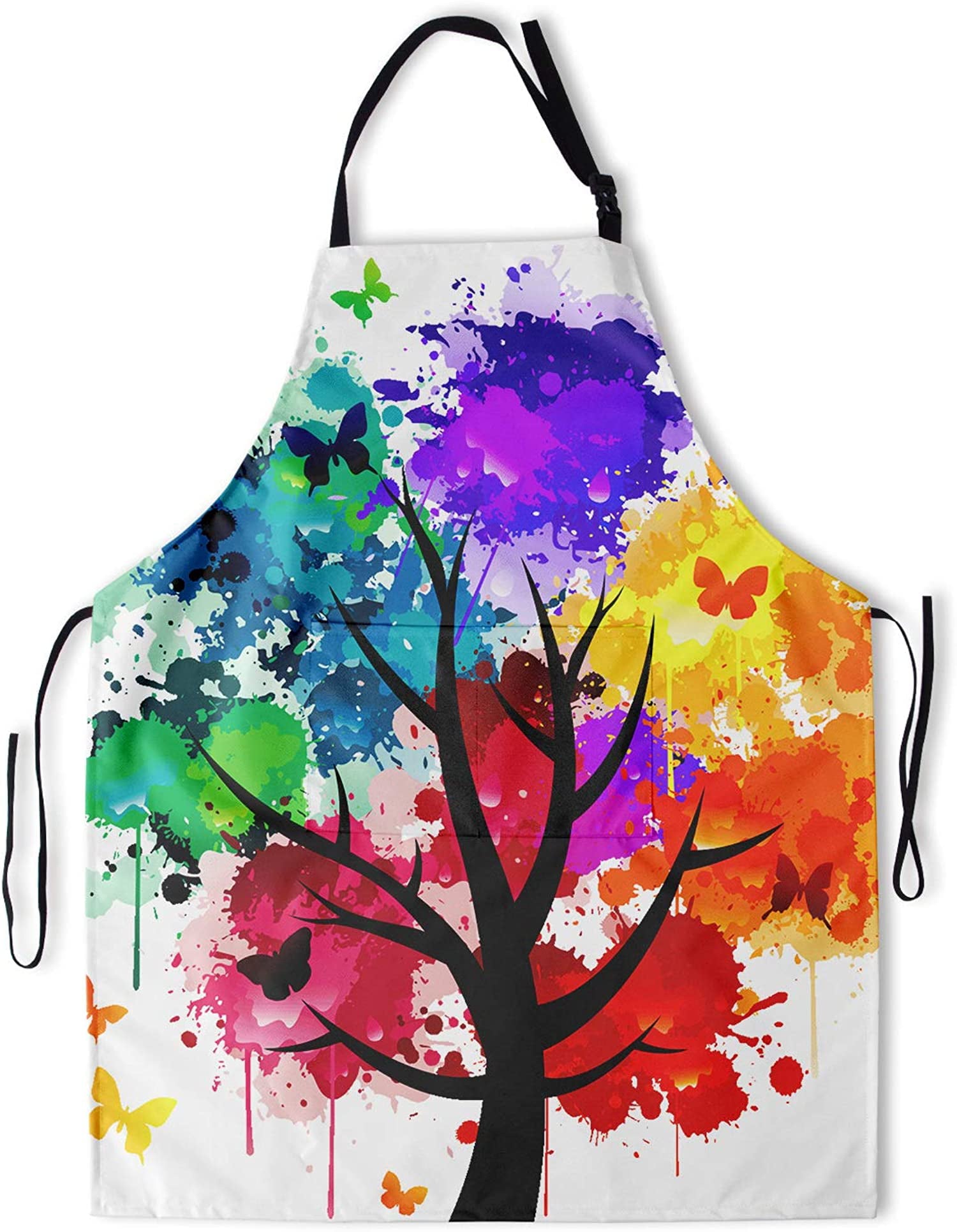 Colorful Artist Apron with 2 Pockets Art Tree Butterfly Aprons Smocks Waterproof Polyester for Kitchen Garden Painting