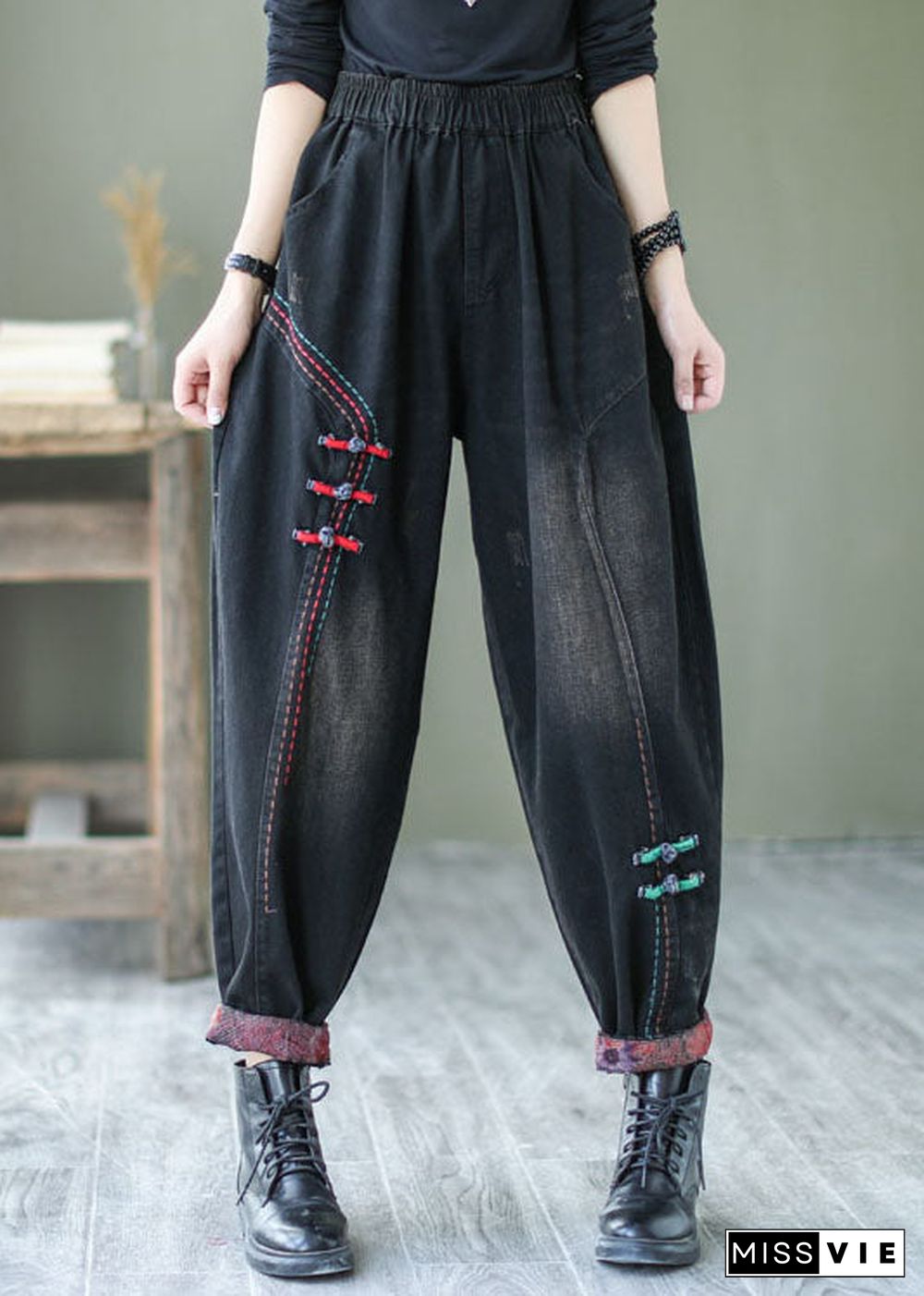 Natural Black Button denim harem Pants Spring