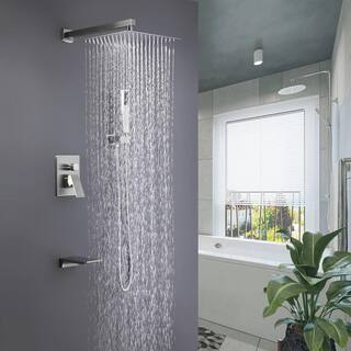 GIVING TREE 2-Spray 10 in. Square Rain Shower Head with Hand Shower and Waterfall Tub Faucet in Brushed Nickel (Valve Included) HDYN-MM0027