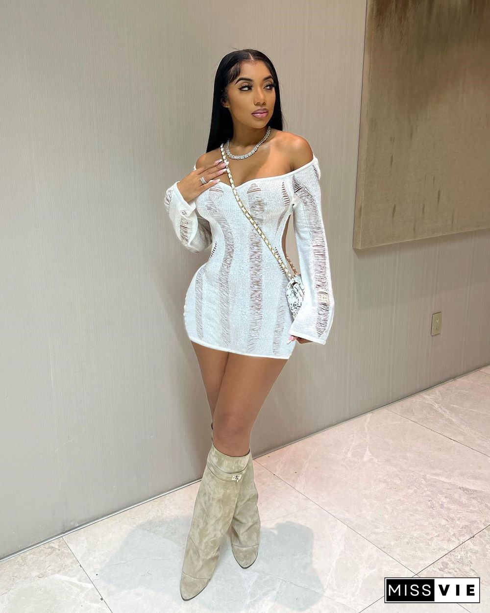 Sexy Knitting Cut Out Backless Long Sleeve Mini Dress