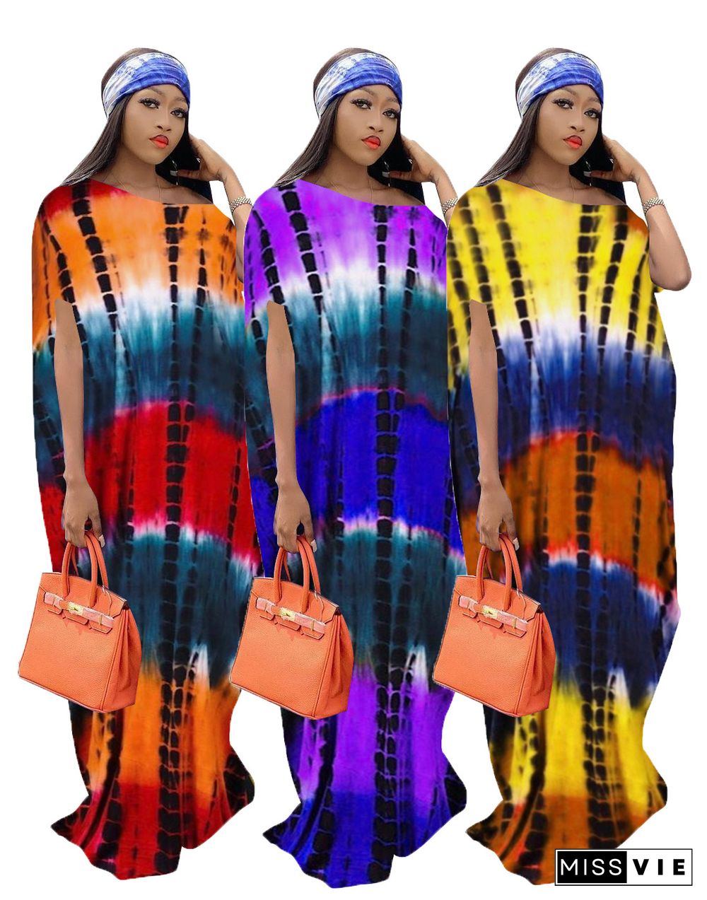 Summer Tie Dye Print Diagonal Callar Short Sleeve Casual Women Pullover Loose Long Dress