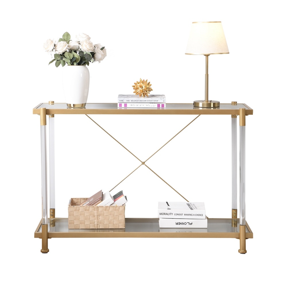 Golden Acrylic Glass 2 Tier Console Table  Sturdy Metal Bracket