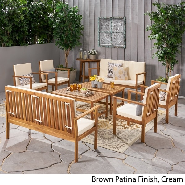 Luciano Outdoor Modern 8 Seater Acacia Wood Chat Set with Cushions by Christopher Knight Home