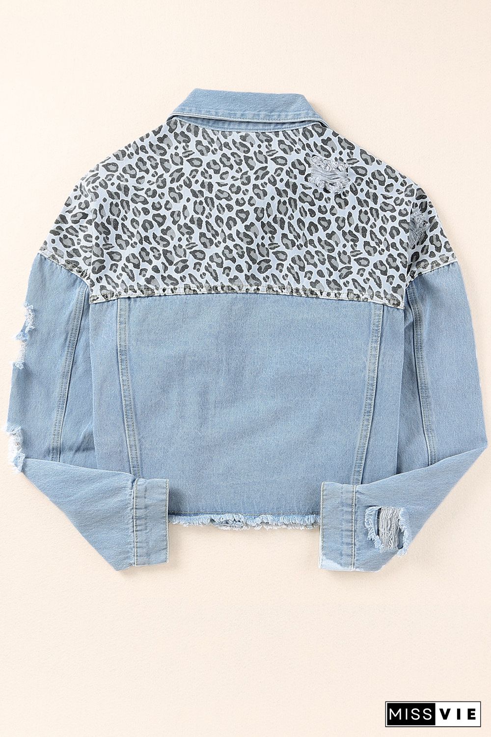 Sky Blue Plus Size Leopard Ripped Cropped Denim Jacket