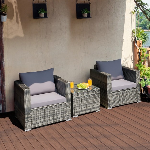 Tangkula 3 piece Patio Wicker Conversation Set Bistro Rattan Sofa Chair With Washable Cushion Gray