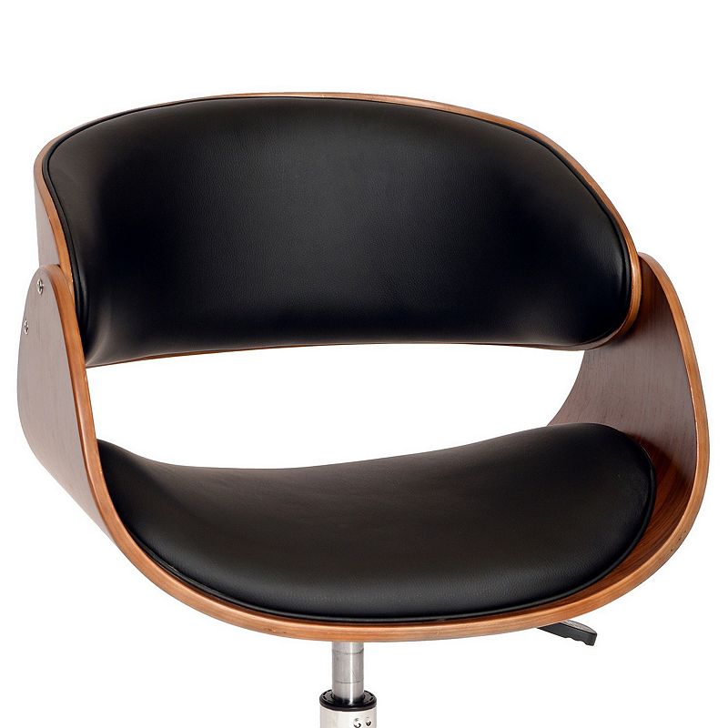 Wooden and Metal Office Chair with Curved Leatherette Seat， Brown and Black