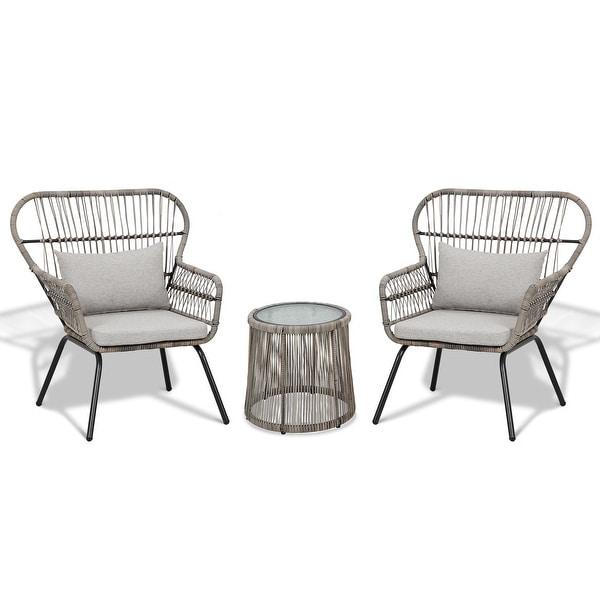 3 Piece Outdoor Wicker Conversation Bistro Set，AllWeather Rattan Furniture Patio Chairs Set with Cushions