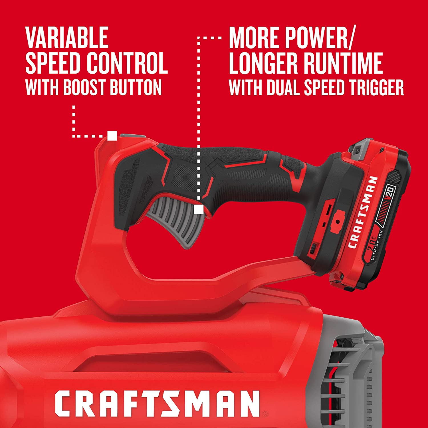 CRAFTSMAN V20 Cordless Leaf Blower， Variable Speed， Up To 100 MPH， with 2 Batteries and Charger (CMCBL720D2)