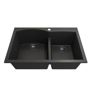 BOCCHI Campino Duo Matte Black Granite Composite 33 in. 6040 Double Bowl Drop-InUndermount Kitchen Sink with Strainers 1602-504-0126