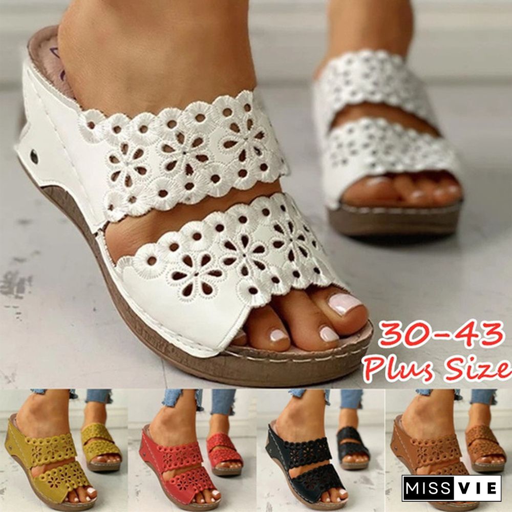 Women's Summer Fashion Retro Slippers Flower Shoes Wedges Platform Flip Flops Beach Shoes Ladies Slides Party Sandals Plus Size 35-43