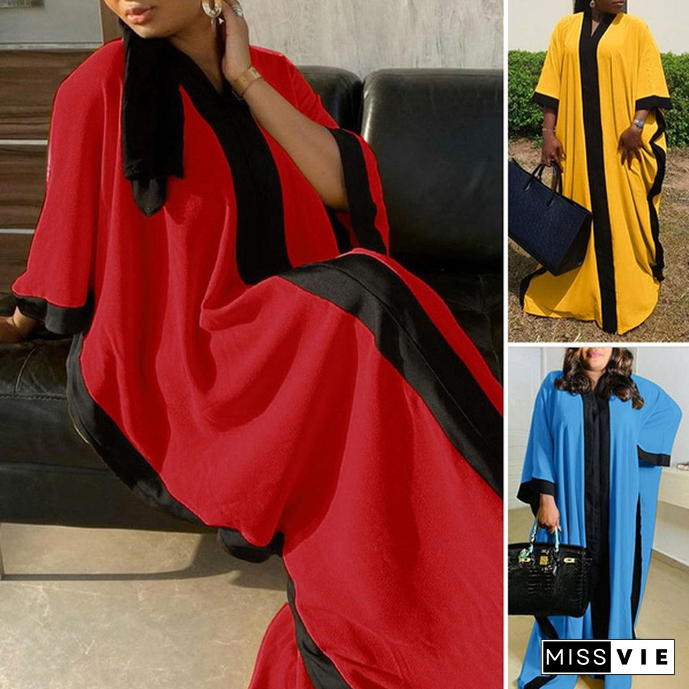 Women 3/4 Sleeve V Neck Casual Loose Solid Color Asymmetric Kaftan Dress Robes Longues Plus Size Maxi Dress