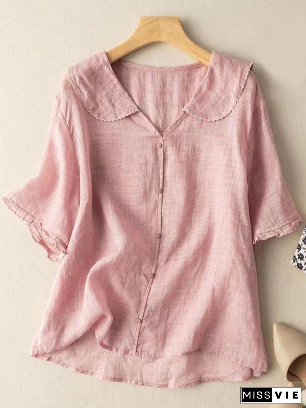 Cotton And Linen Retro Short Sleeved Navy Doll Collar Thin Shirt