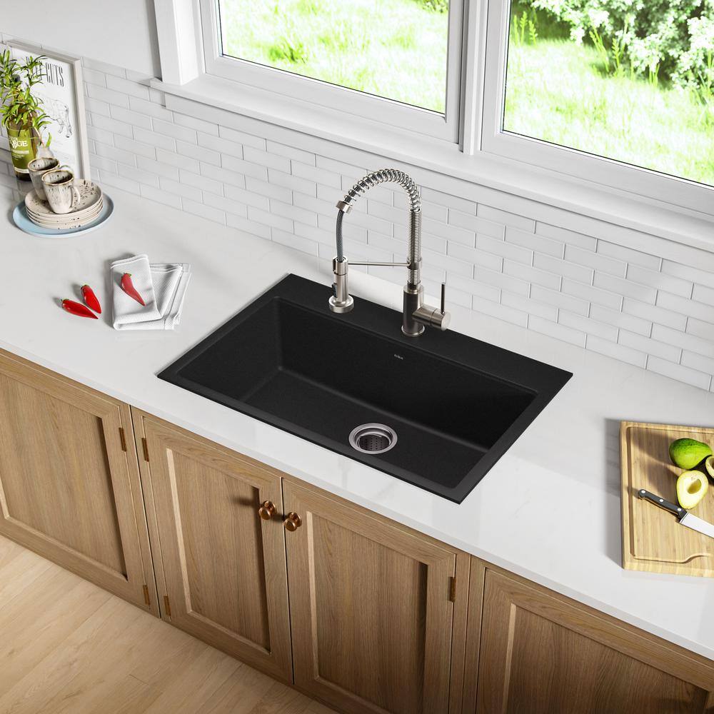 KRAUS Drop-inUndermount Granite Composite 31 in. 1- Hole Single Bowl Kitchen Sink Kit in Black KGD-412B