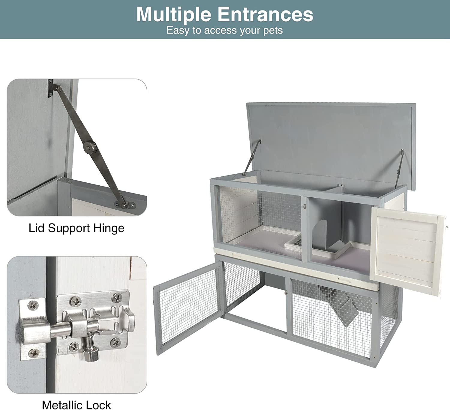 Lineslife Large Rabbit Hutch Without Wire Bottom for Outdoor， 48'' Weatherproof 2 Story Bunny Cage for 2~4 Rabbits with Pull Out Tray and Run， Grey