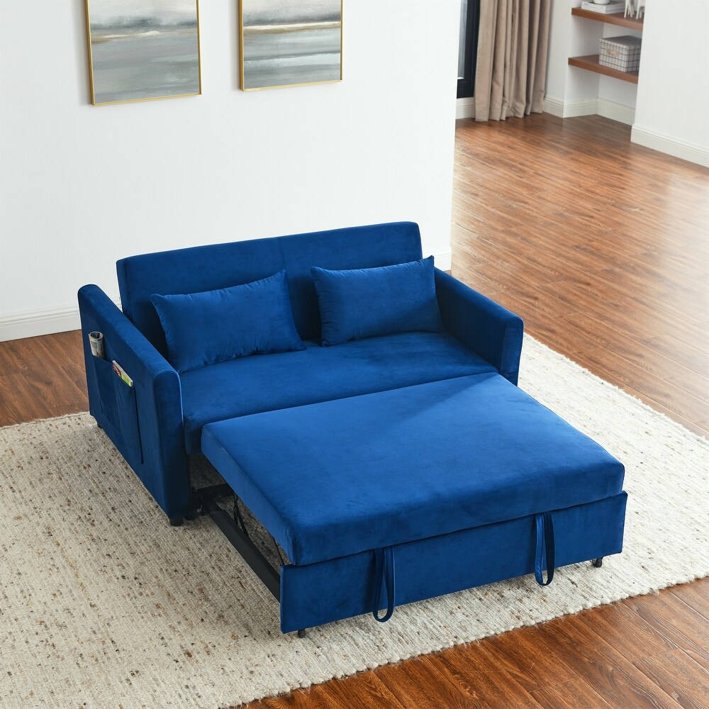 Velvet Upholstered Pull out Sleeper Sofa Convertible Sofa Bed with Adjustable Backrest  Lumbar Pillows and Side Pockets