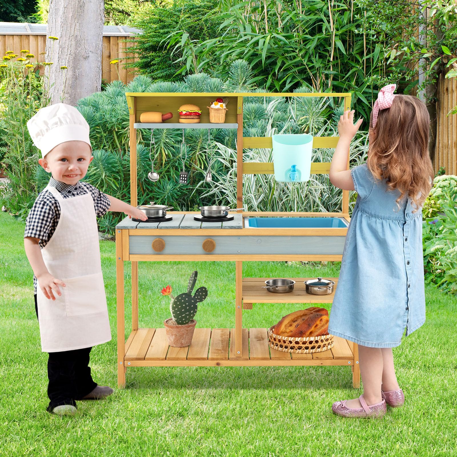 Costzon Wooden Kids Play Kitchen, Outdoor Mud Kitchen with Removable Sink, Water Box & Faucet