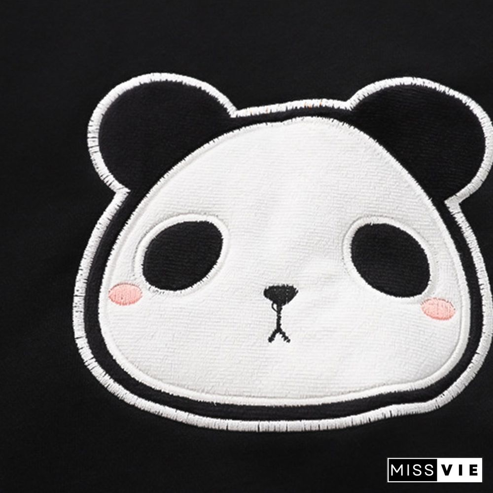 Cartoon Panda Letter Print Colorblock Plush Hoodie