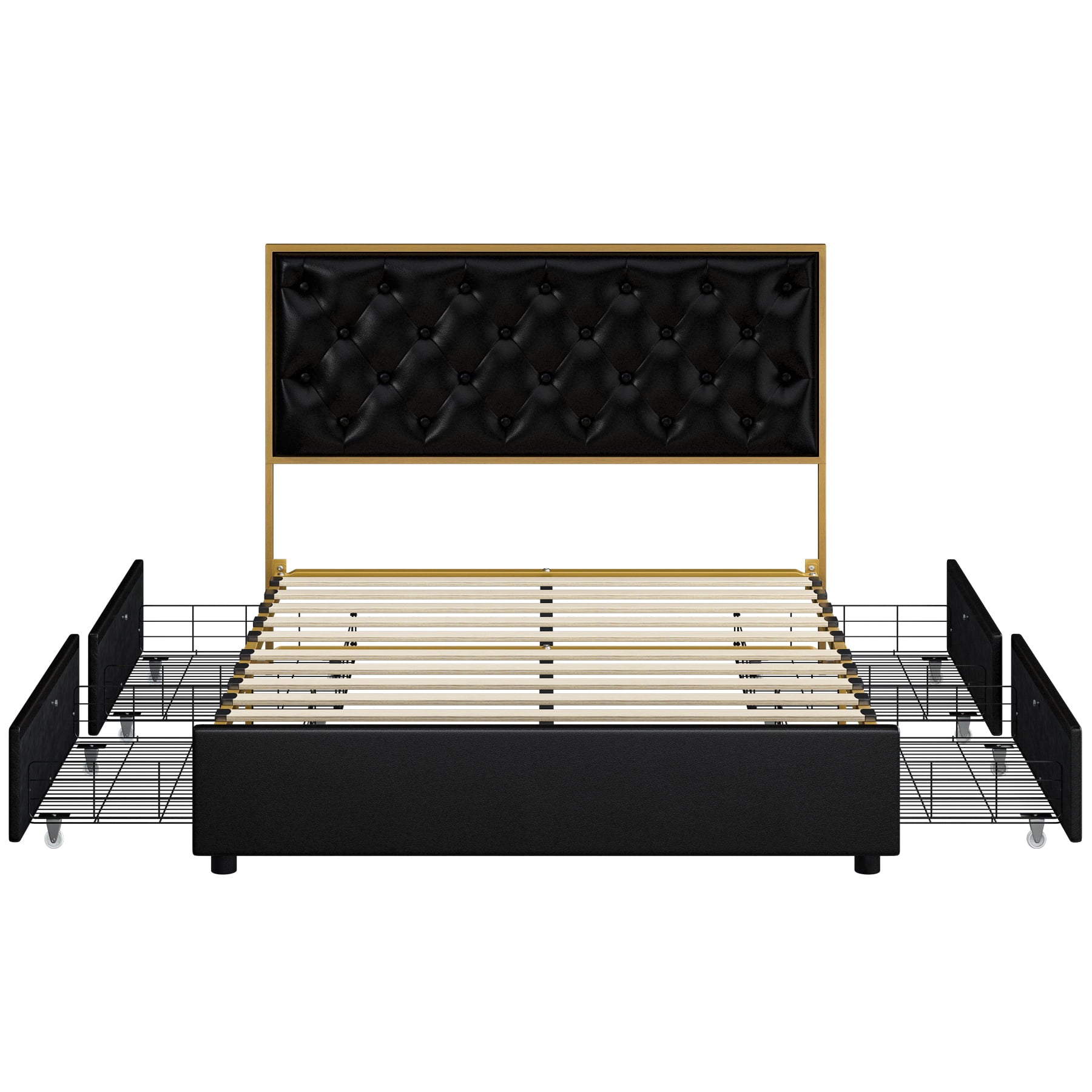 Homfa Full Platform Bed Frame with 4 Storage Drawers, Button PU Leather Upholstered Headboard, No Box Spring Needed, Black