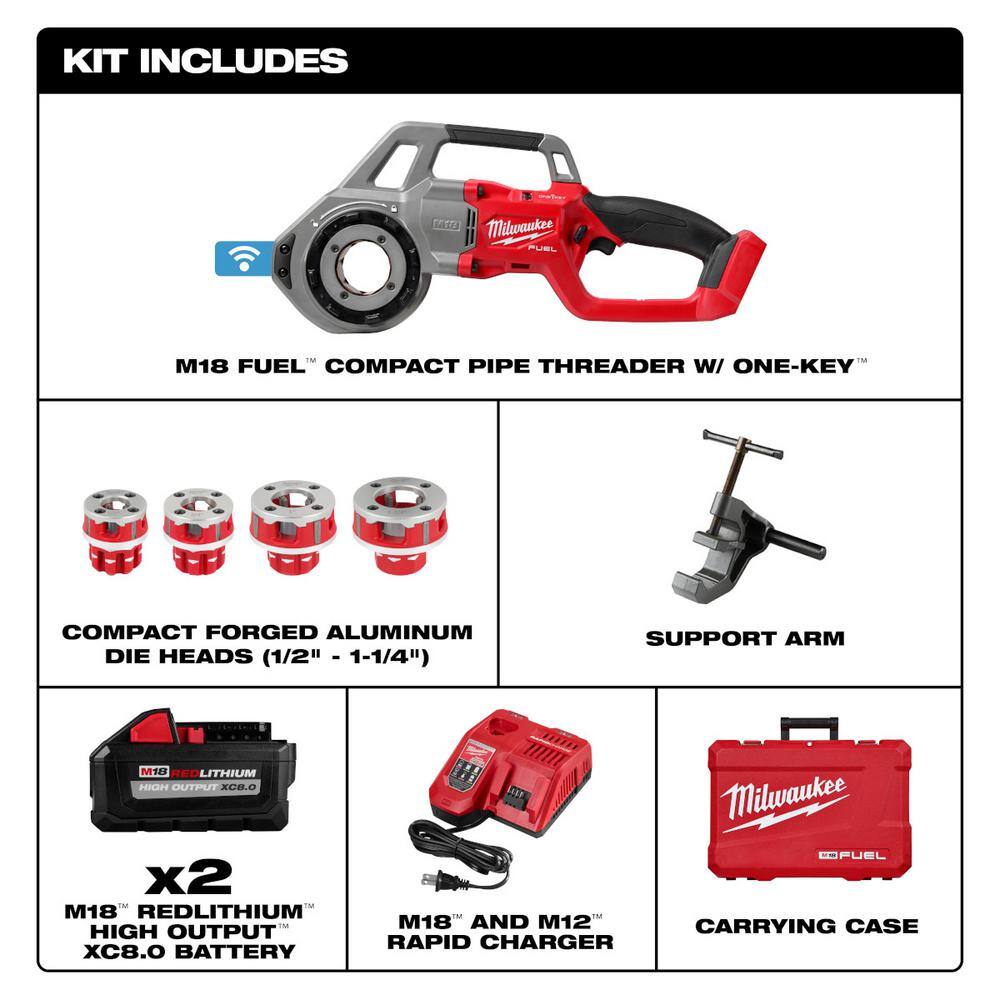 MW M18 FUEL One-Key Cordless Brushless Compact Pipe Threader Kit W(2) 8.0Ah Batteries 12 in. - 1-14 in. Aluminum Dies 2870-22