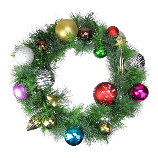 Unlit Shiny Ornament Long Needle Pine Artificial Christmas Wreath