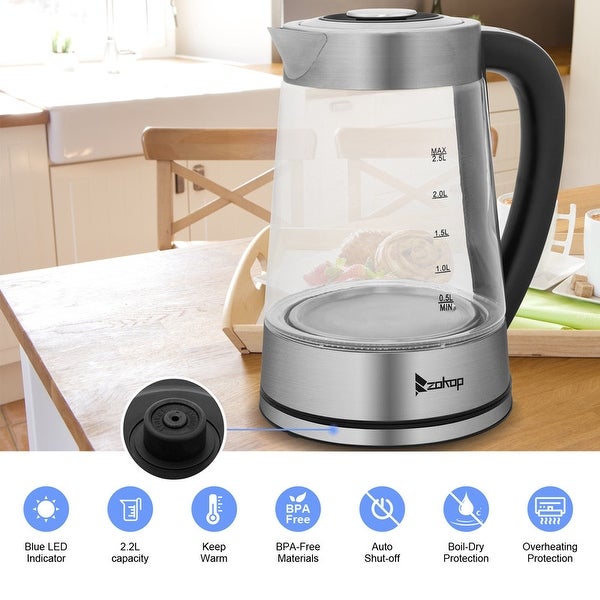 ZOKOP 0.58Gal 1200W Stainless Steel Glass Electric Kettle with Electronic Handle - - 35705133