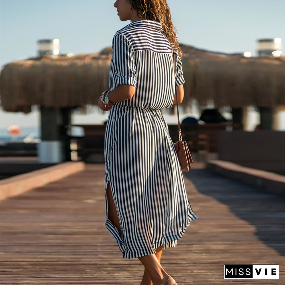 Long Striped Long Sleeve Long Shirt Dress