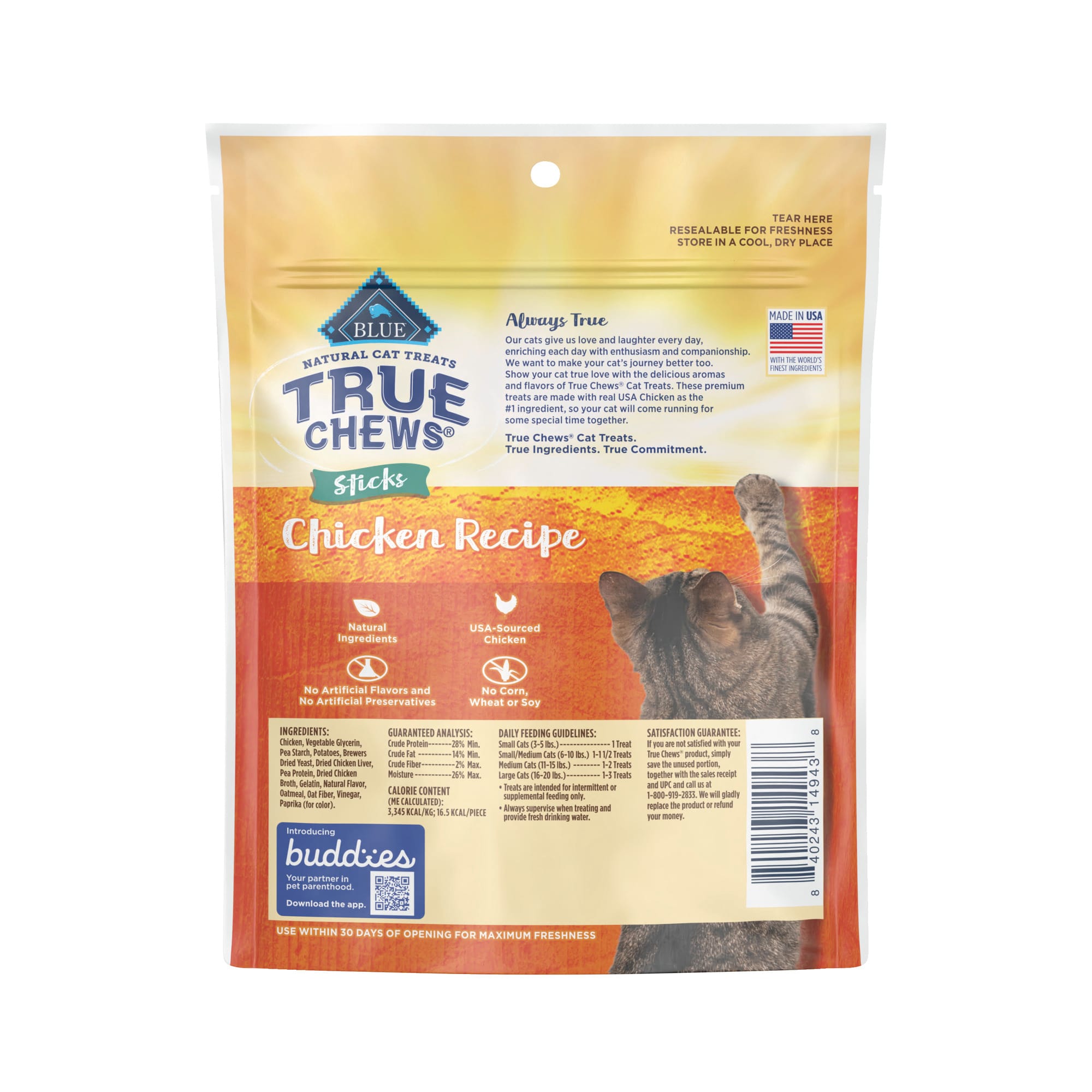 Blue Buffalo True Chews Natural Chicken Sticks Cat Treat， 3 oz.