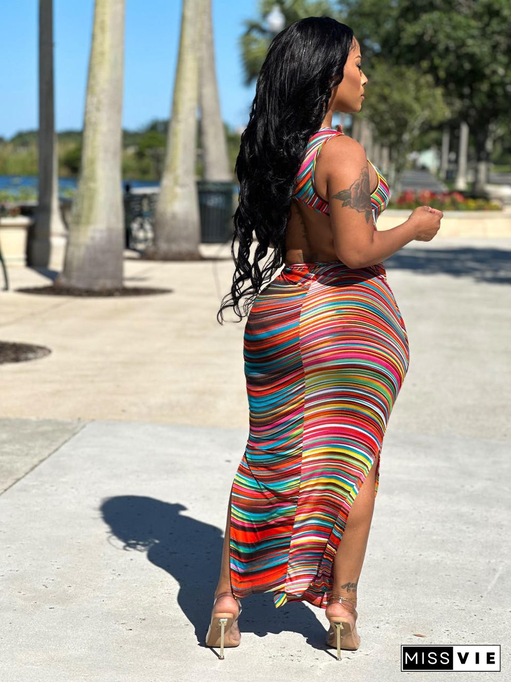 Striped Print Sleeveless Side Slit Maxi Dresses