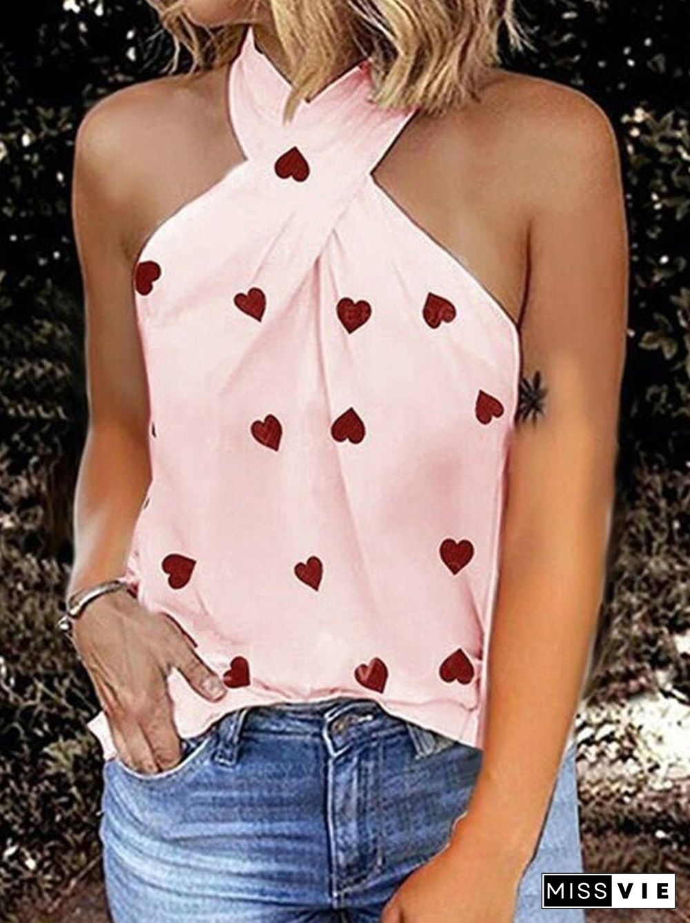 Women'S Tank Tops Heart Print Halter Off Shoulder Sleeveless Tank Top